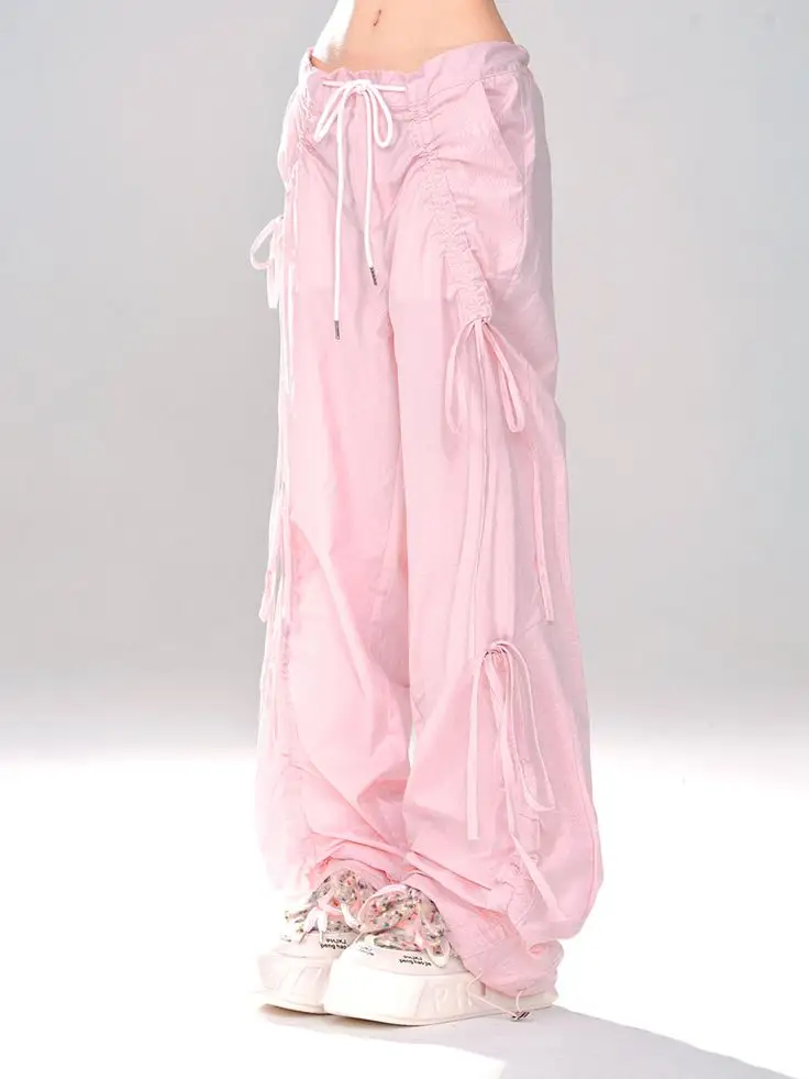 Asia Solid Color Pink Baggy Coquette Design Parachute Pants